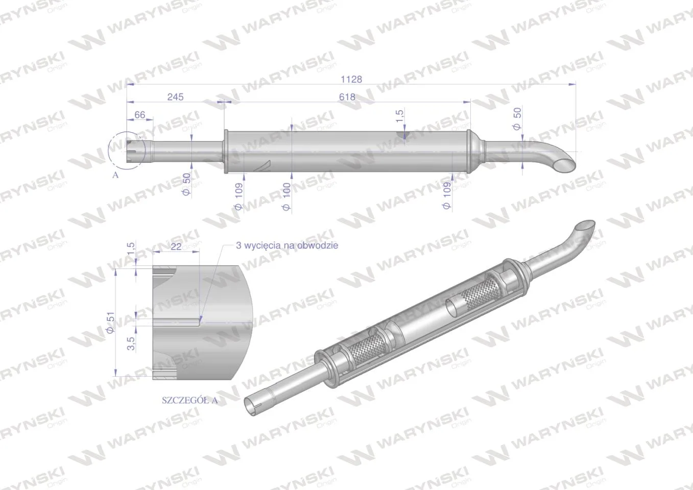 Tłumik 1128mm 3029104M1 4.8kg MF3 C-3603P INOX WARYŃSKI - obrazek 3