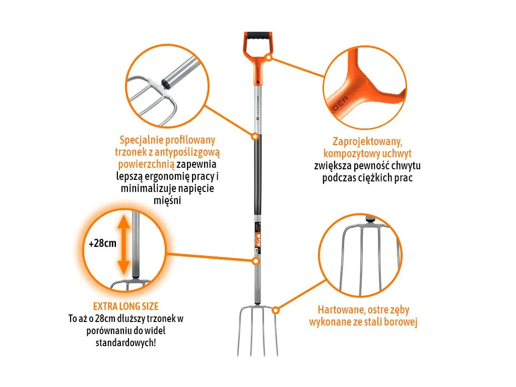 Widły gospodarcze 4-zębne na metalowym trzonku - Extra Long, (dł. 1580 mm) Extreme, Teger - obrazek 3