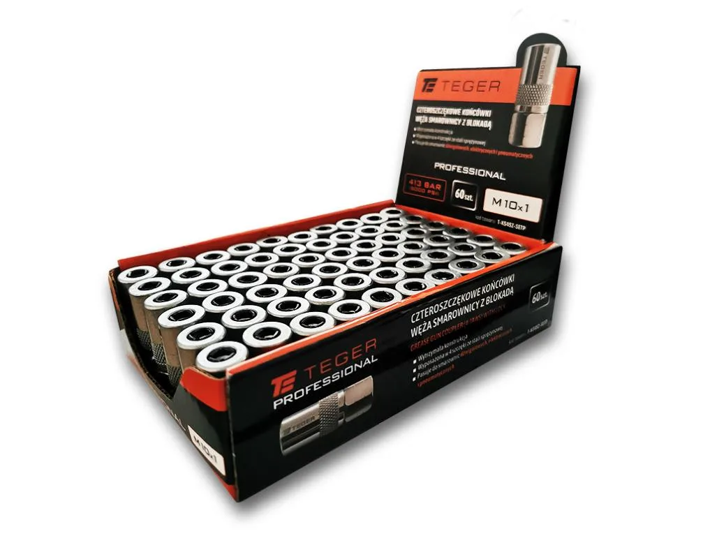 Zestaw w ekspozytorze czteroszczękowych końcówek węża smarownicy z blokadą M10x1. 413 BAR (6000 PSI) Professional TEGER (sprzedawane po 60 szt.) - obrazek 2