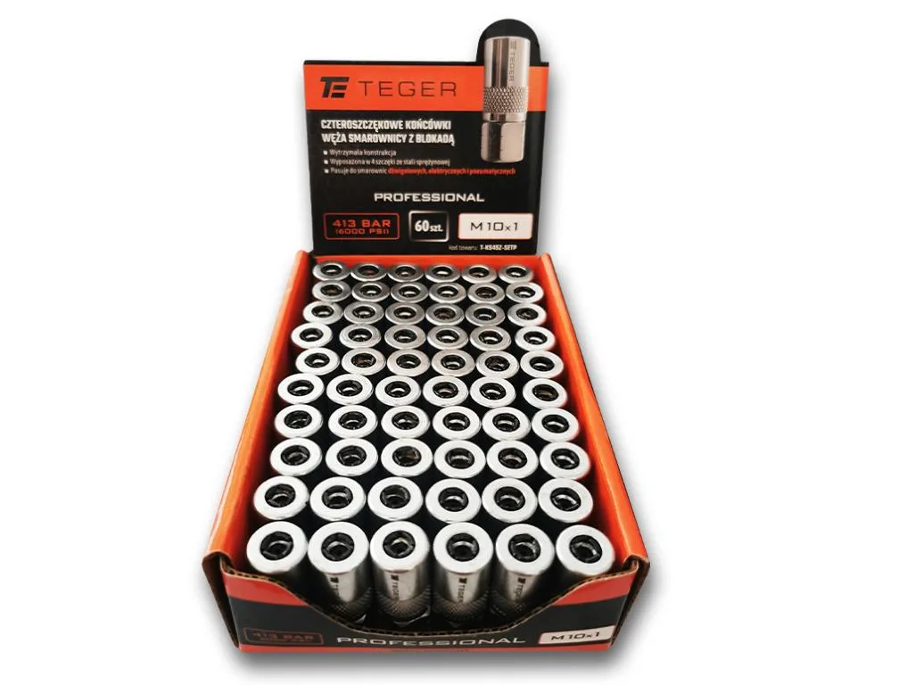 Zestaw w ekspozytorze czteroszczękowych końcówek węża smarownicy z blokadą M10x1. 413 BAR (6000 PSI) Professional TEGER (sprzedawane po 60 szt.)