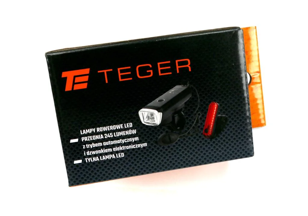 Zestaw lamp rowerowych, latarka LED przednia 2000 mAh i latarka LED tylna 150mAh ładowane USB z klaksonem Teger - obrazek 2