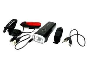 Zestaw lamp rowerowych, latarka LED przednia 2000 mAh i latarka LED tylna 150mAh ładowane USB z klaksonem Teger