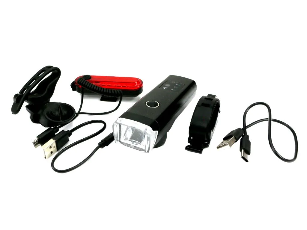 Zestaw lamp rowerowych, latarka LED przednia 2000 mAh i latarka LED tylna 150mAh ładowane USB z klaksonem Teger