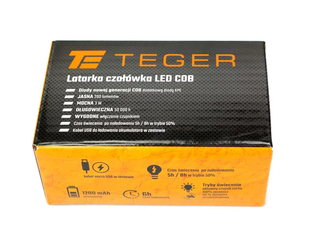 Latarka czołówka LED COB 200 Lm z czujnikiem ruchu USB Teger - obrazek 3
