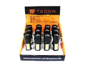 Latarka uniwersalna LED COB 200 lm ładowana USB sprzedawana po 12 szt w kartoniku ekspozycyjnym Teger