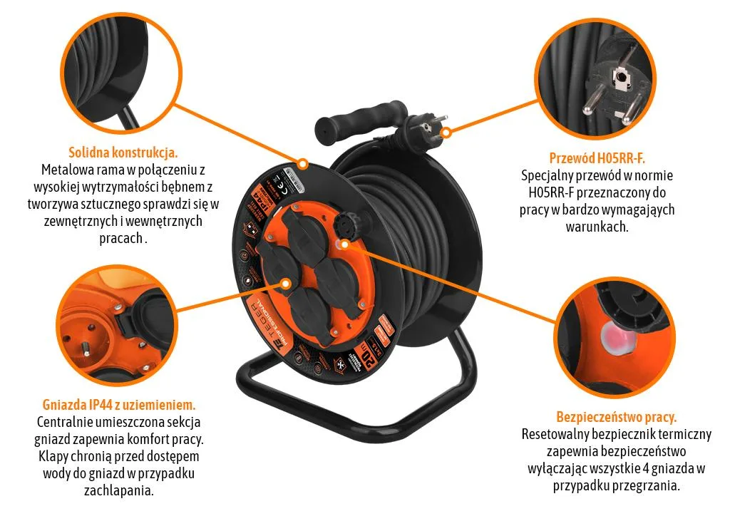 Przedłużacz bębnowy, warsztatowy PROFESSIONAL, 3X1,5mm, IP44, H05RR-F, cert. CE / 20M, Teger - obrazek 2
