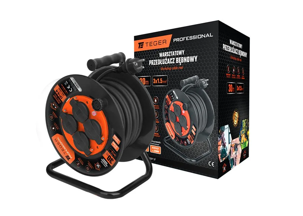 Przedłużacz bębnowy, warsztatowy PROFESSIONAL, 3X1,5mm, IP44, H05RR-F, cert. CE / 30M, Teger
