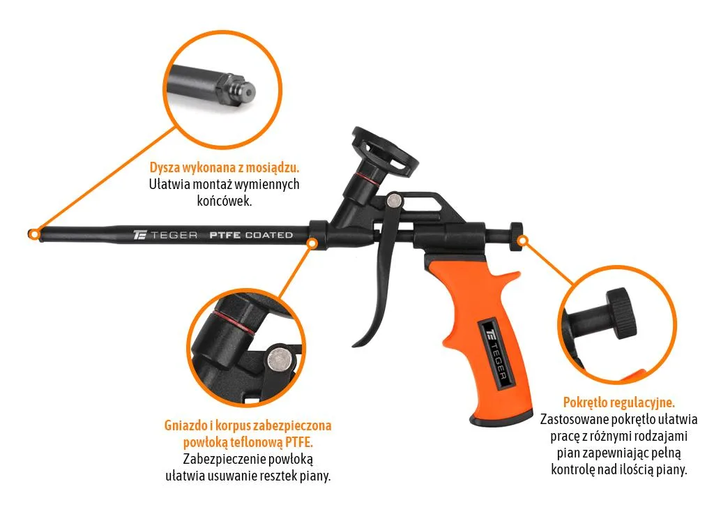 Pistolet do piany poliuretanowej - teflonowy 8"/200mm / TEGER - obrazek 2