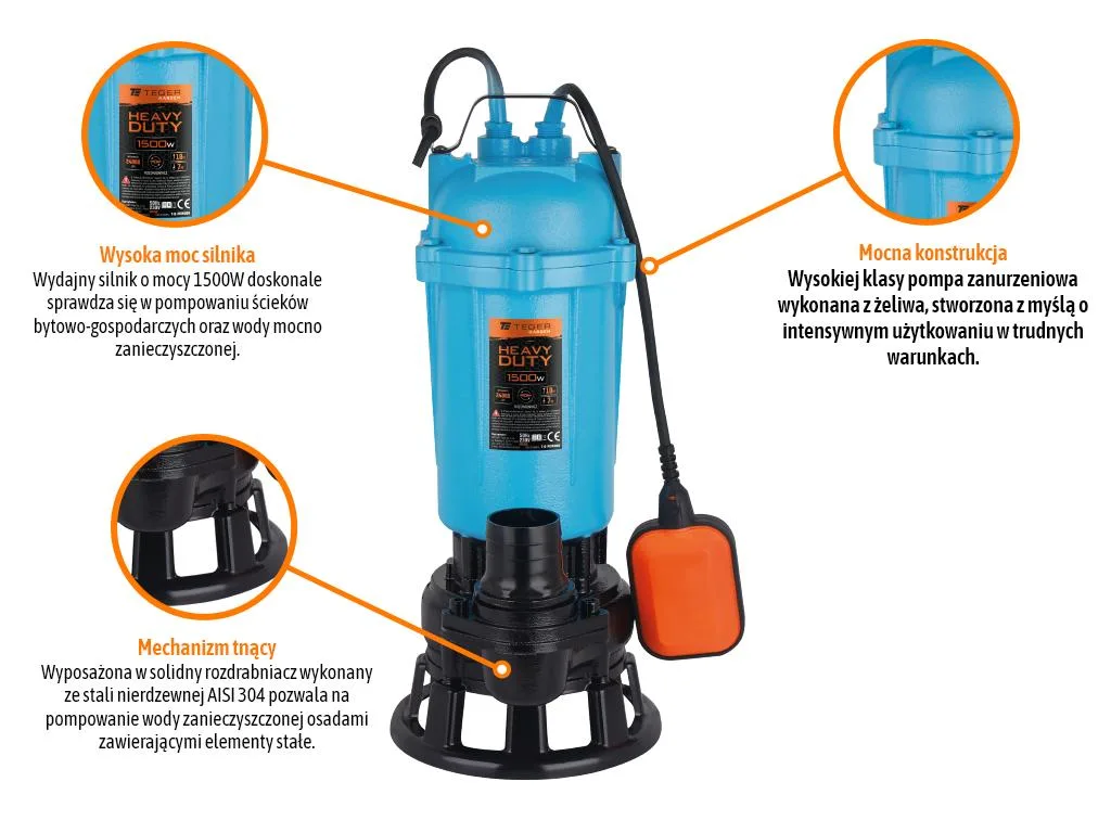 Pompa zanurzeniowa do wody brudnej i ścieków z rozdrabniaczem 1500W HEAVY DUTY, (włącznik pływakowy), TEGER - obrazek 3