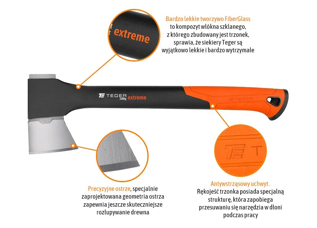 Siekiera uniwersalna z trzonkiem fiberglass 1100g Extreme / TEGER - obrazek 3