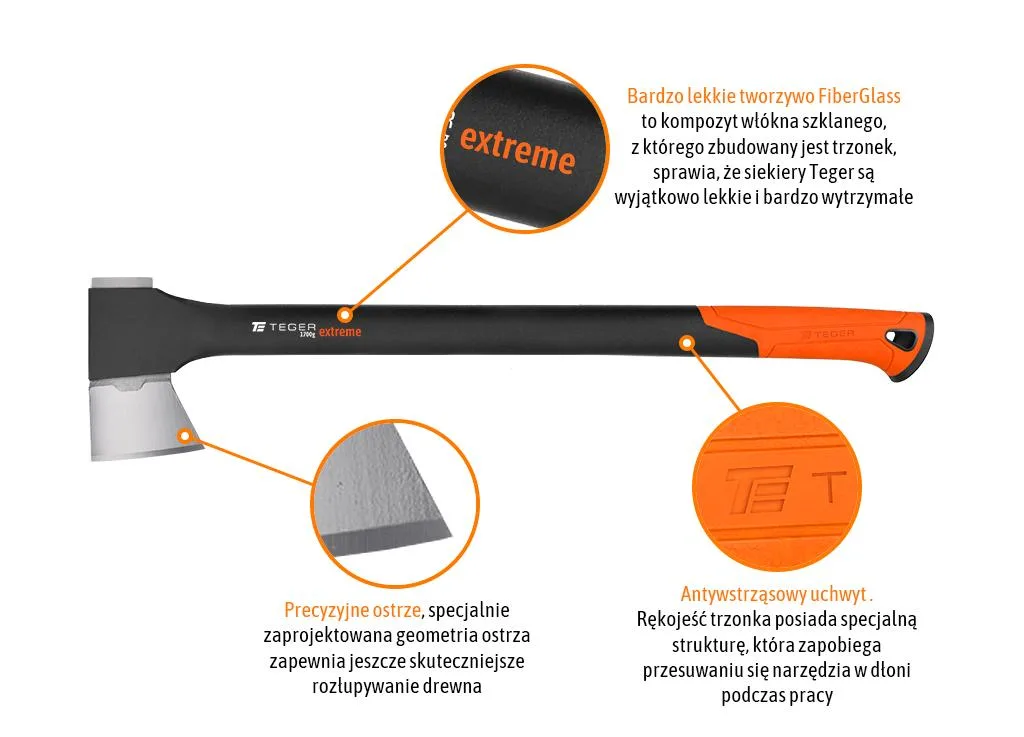 Siekiera uniwersalna z trzonkiem fiberglass 1700g Extreme / TEGER - obrazek 3