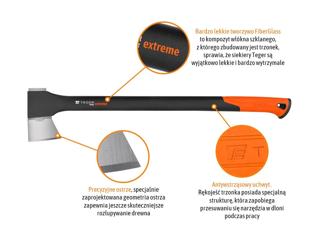 Siekiera uniwersalna z trzonkiem fiberglass 2600g Extreme / TEGER - obrazek 3