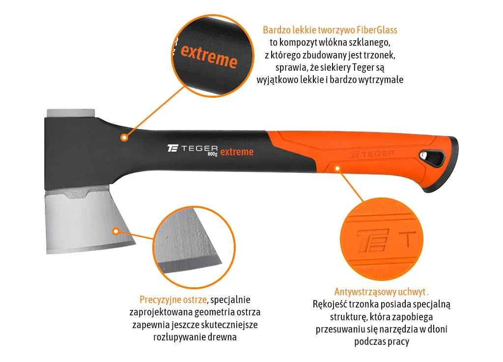 Siekiera uniwersalna z trzonkiem fiberglass 800g Extreme / TEGER - obrazek 3