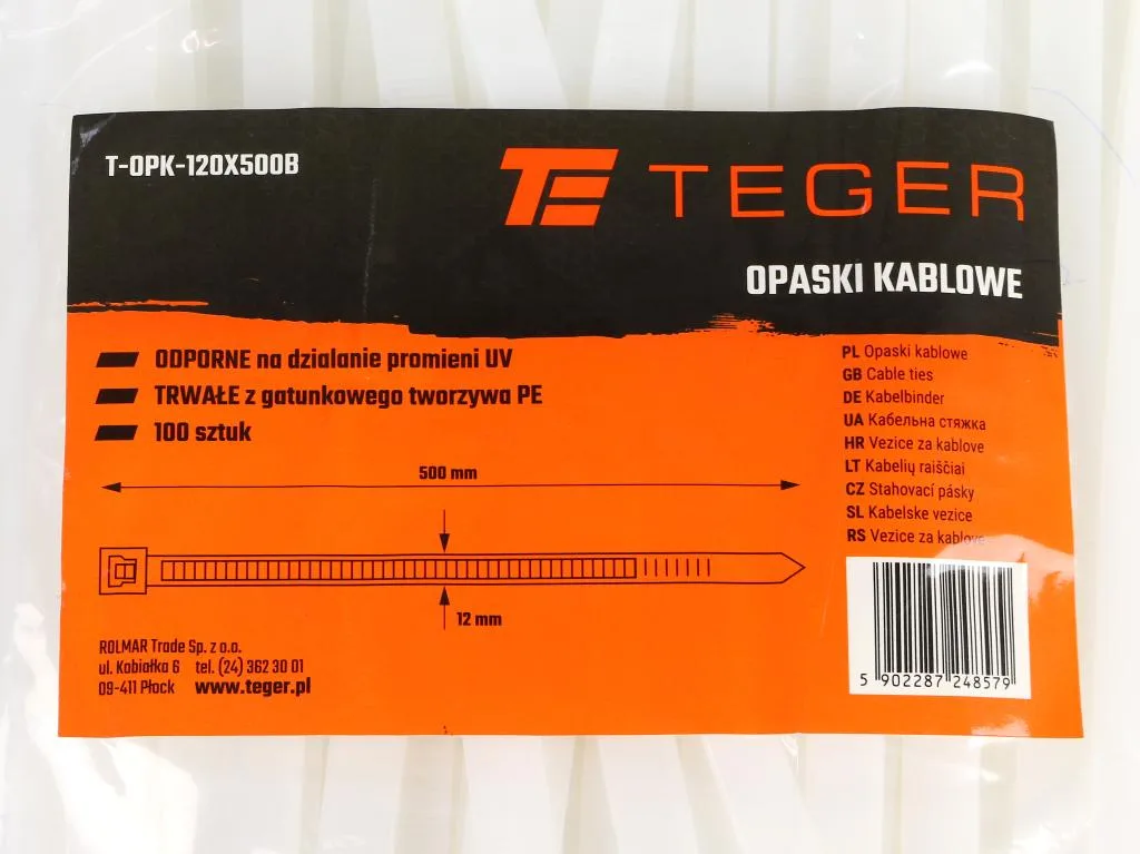 Opaski kablowe, opaska kablowa, opaski zaciskowe, tyrytytki, trytytki, 12.0 x 500mm 100 szt w worku transparentne odporne na UV, Teger - obrazek 3