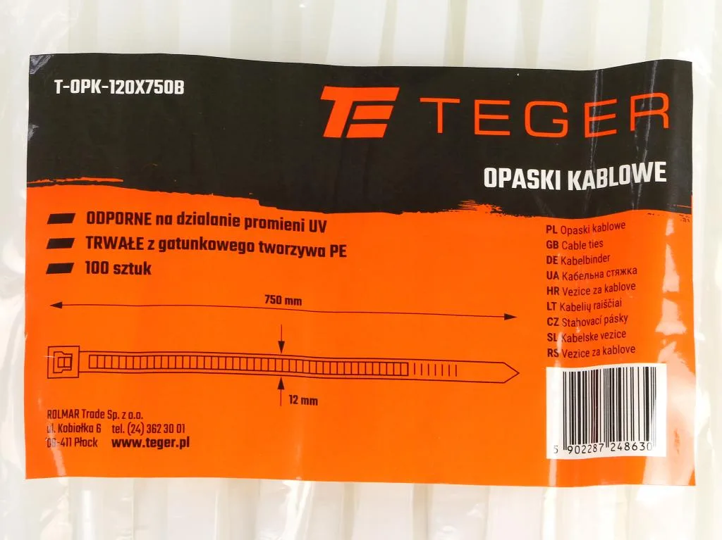 Opaski kablowe, opaska kablowa, opaski zaciskowe, tyrytytki, trytytki, 12.0 x 750mm 100 szt w worku transparentne odporne na UV, Teger - obrazek 3