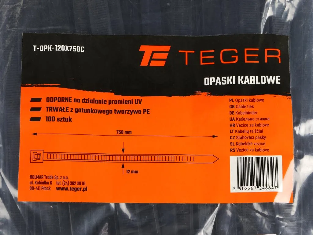 Opaski kablowe, opaska kablowa, opaski zaciskowe, tyrytytki, trytytki, 12.0 x 750mm 100 szt w worku czarne odporne na UV, Teger - obrazek 3
