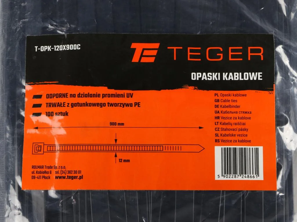 Opaski kablowe, opaska kablowa, opaski zaciskowe, tyrytytki, trytytki, 12.0 x 900mm 100 szt w worku czarne odporne na UV, Teger - obrazek 3