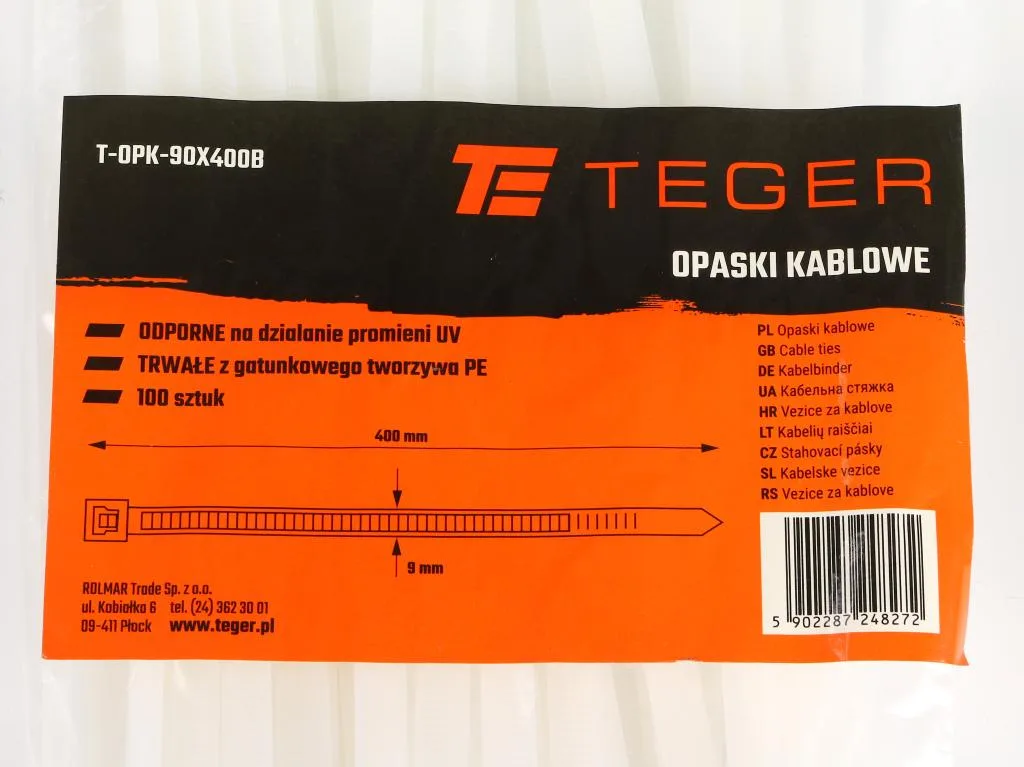 Opaski kablowe, opaska kablowa, opaski zaciskowe, tyrytytki, trytytki, 9.0 x 400mm 100 szt w worku transparentne odporne na UV, Teger - obrazek 3