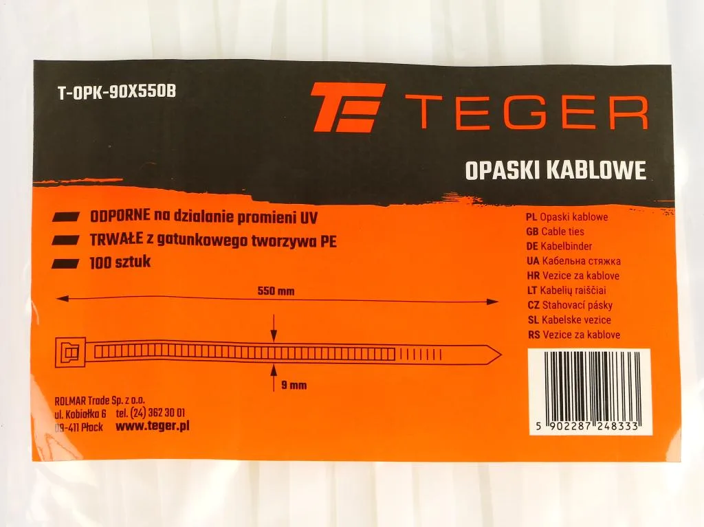 Opaski kablowe, opaska kablowa, opaski zaciskowe, tyrytytki, trytytki, 9.0 x 550mm 100 szt w worku transparentne odporne na UV, Teger - obrazek 3