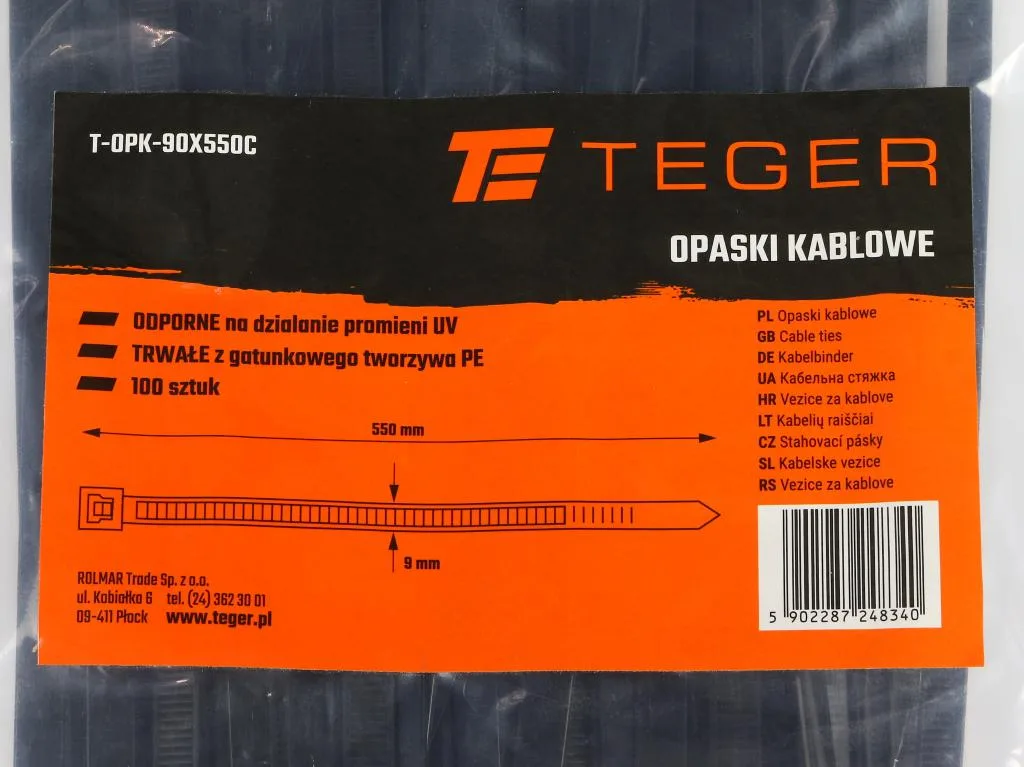 Opaski kablowe,opaska kablowa, opaski zaciskowe, tyrytytki, trytytki, 9.0 x 550mm 100 szt w worku czarne odporne na UV, Teger - obrazek 3
