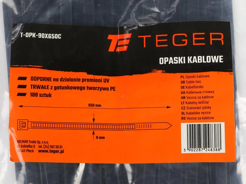 Opaski kablowe, opaska kablowa, opaski zaciskowe, tyrytytki, trytytki, 9.0 x 650mm 100 szt w worku czarne odporne na UV, Teger - obrazek 3