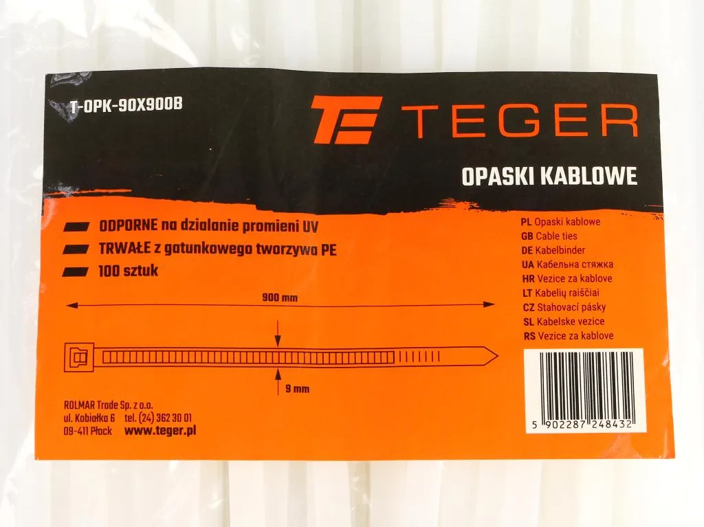 Opaski kablowe, opaska kablowa, opaski zaciskowe, tyrytytki, trytytki, 9.0 x 900mm 100 szt w worku transparentne odporne na UV, Teger - obrazek 3