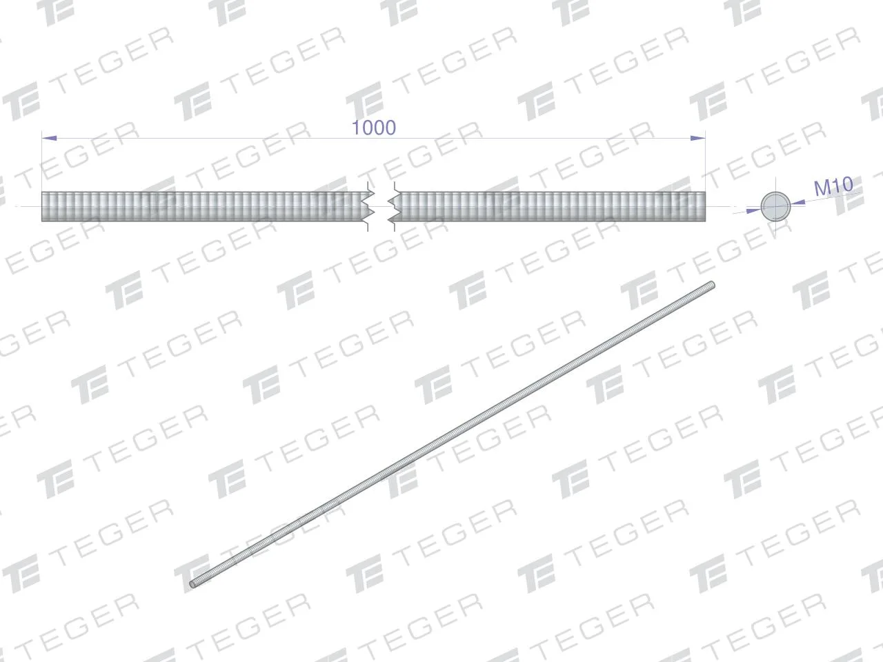 Pręt gwintowany M10 x 1000mm kl.8.8 DIN 975 ocynkowany TEGER (sprzedawane po 5) - obrazek 2