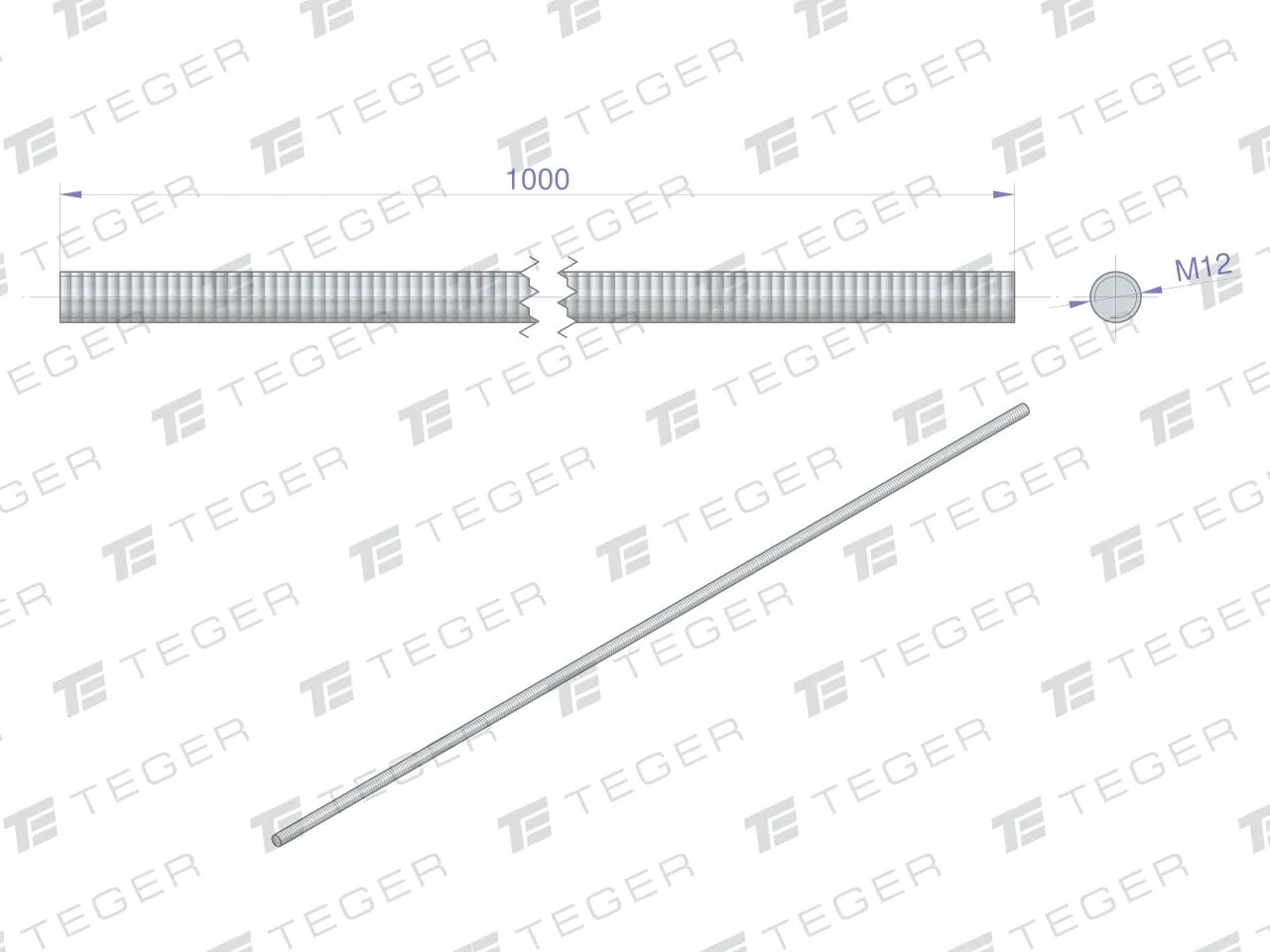 Pręt gwintowany M12 x 1000mm kl.8.8 DIN 975 ocynkowany TEGER (sprzedawane po 5) - obrazek 2