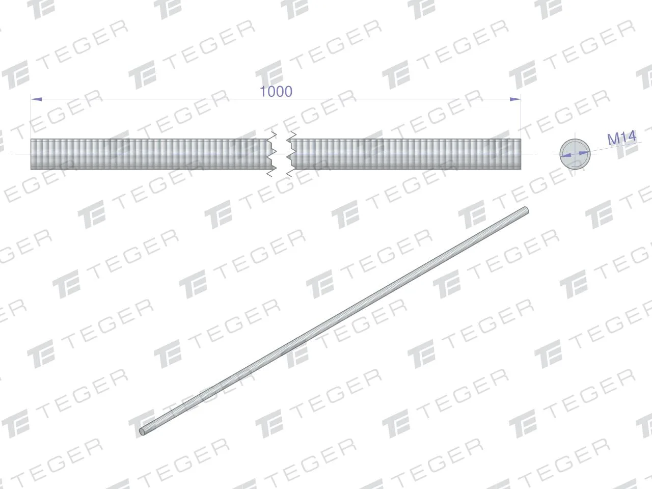 Pręt gwintowany M14 x 1000mm kl.8.8 DIN 975 ocynkowany TEGER (sprzedawane po 5) - obrazek 2