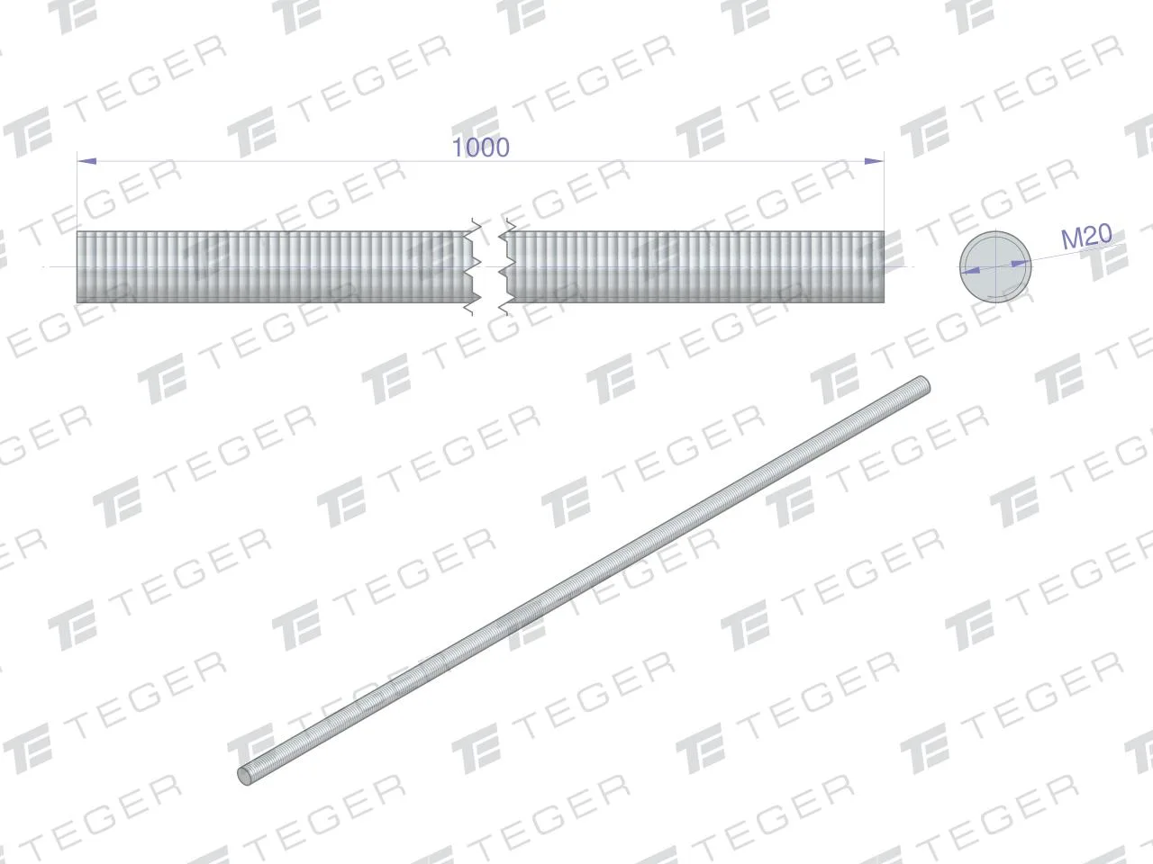 Pręt gwintowany M20 x 1000mm kl.8.8 DIN 975 ocynkowany TEGER - obrazek 2