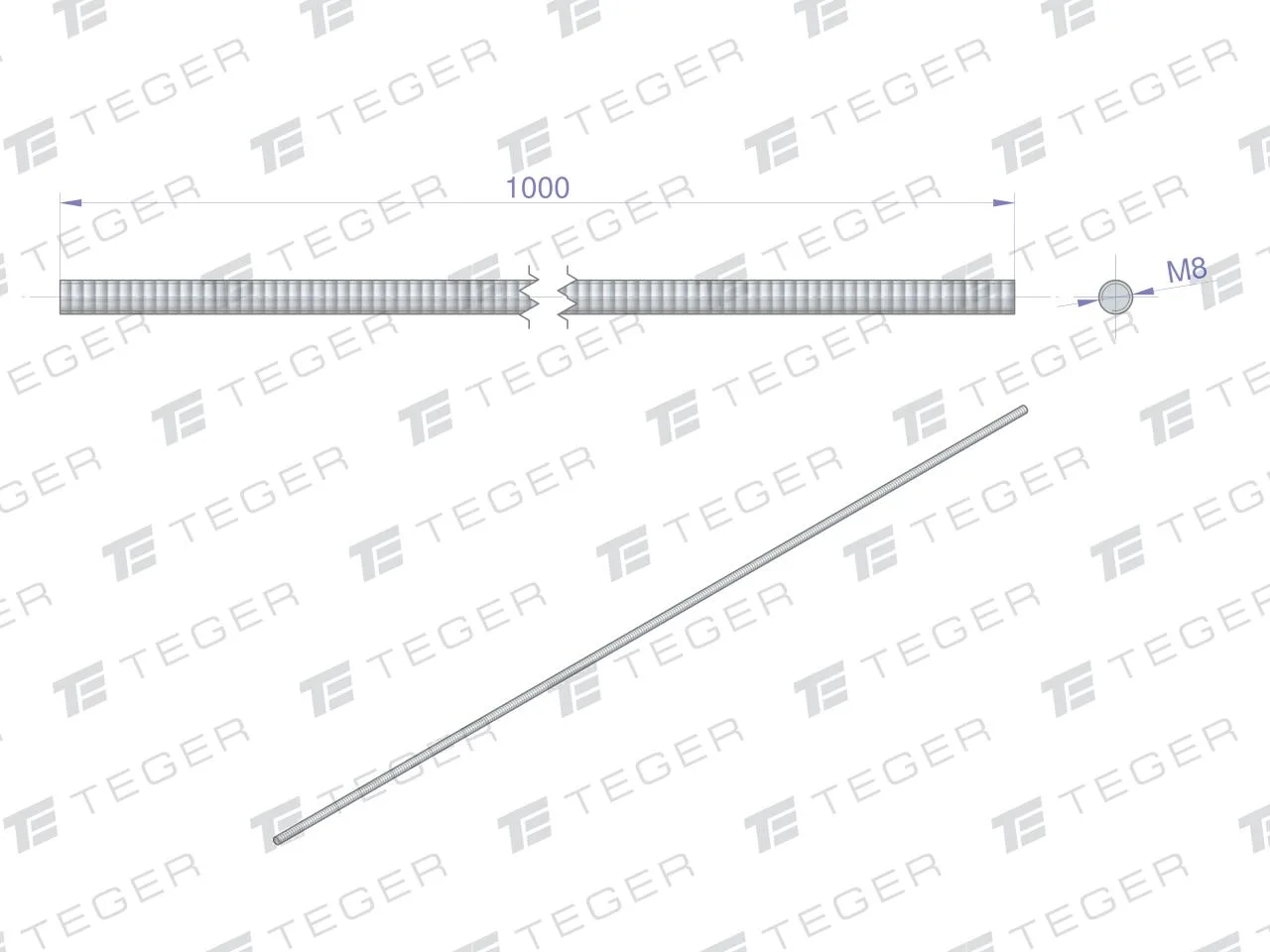 Pręt gwintowany M8 x 1000mm kl.8.8 DIN 975 ocynkowany TEGER (sprzedawane po 5) - obrazek 2