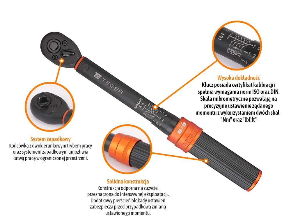 Klucz dynamometryczny, 1/4" 5-25Nm 72T / 240mm, Teger - obrazek 2