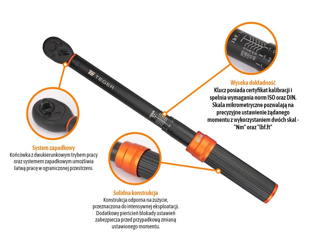 Klucz dynamometryczny, 3/8" 20-120Nm 72T / 410mm, Teger - obrazek 2