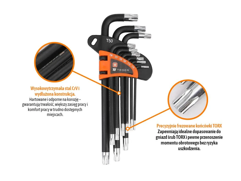 Zestaw kluczy imbusowych, TORX T10-T50 - DŁUGIE 9szt, Teger - obrazek 2