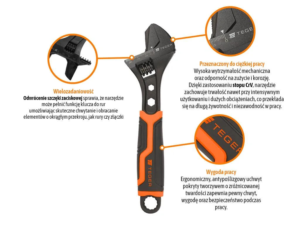 Klucz nastawny, 2-funkcyjny 10" 250 mm, Teger - obrazek 2