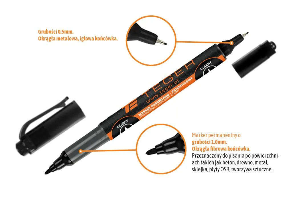 Marker budowlano - przemysłowy - czarny / dwustronny (końcówka 0.5/1.0 mm tusz czarny permanentny wodoodporny ) / TEGER (sprzedawane po 12 szt.) - obrazek 2