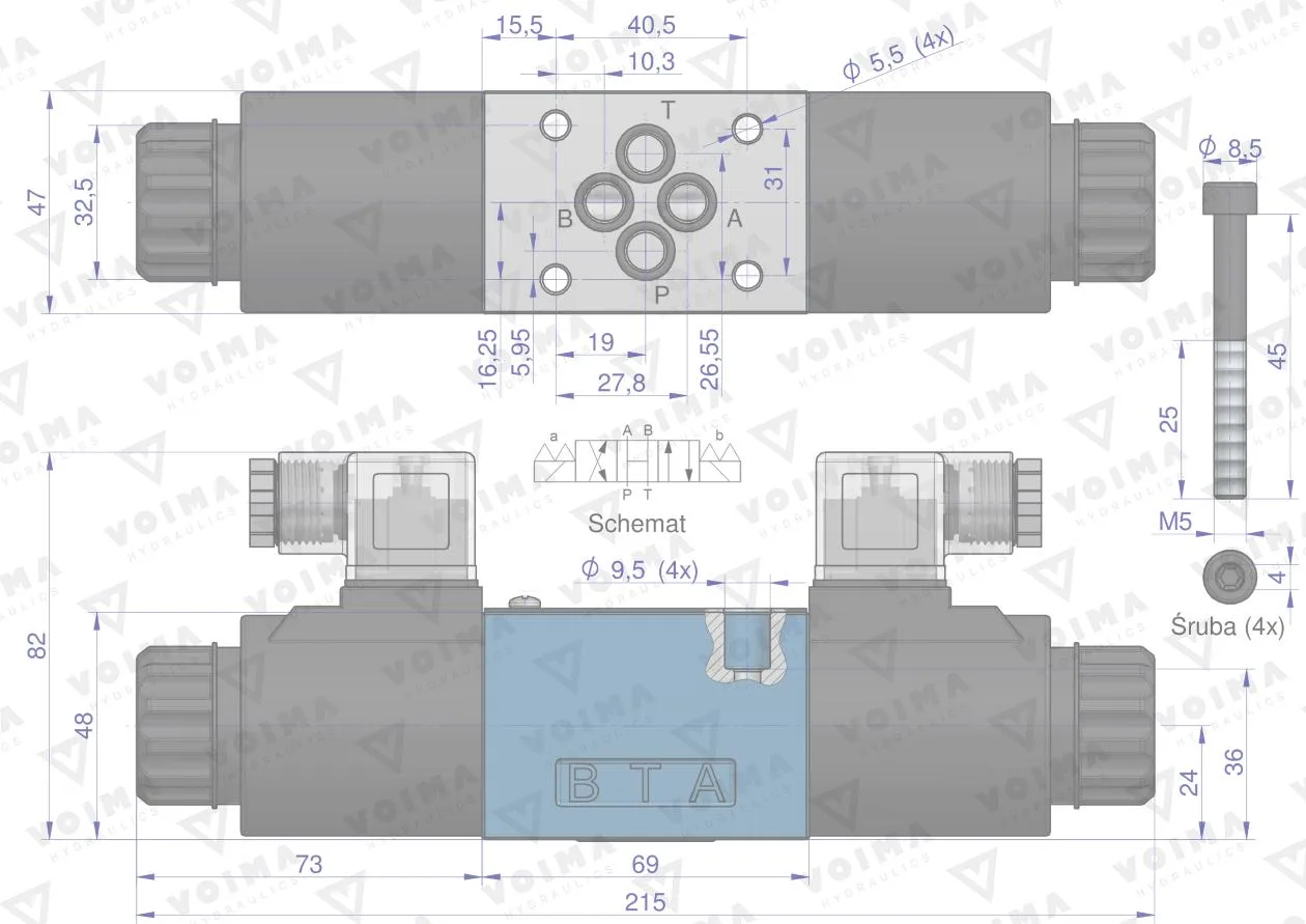 Rozdzielacz (elektrozawór CETOP 3 NG6) 3-pozycyjny 50L suwak "H" (cewki x2) 12V VOIMA