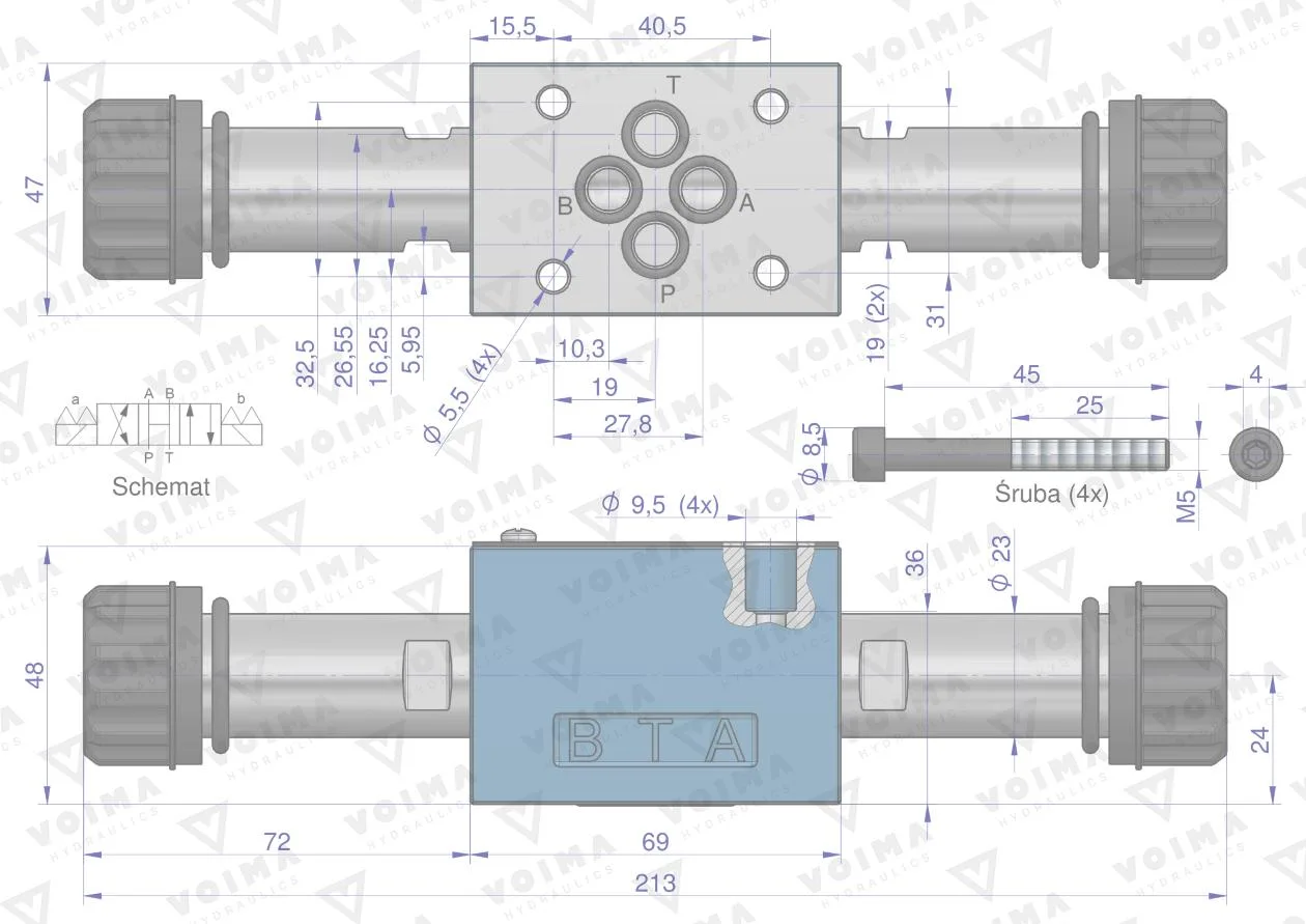Rozdzielacz (elektrozawór CETOP 3 NG6) 3-pozycyjny 50L suwak "H" VOIMA