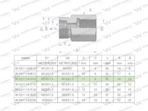 Tulejka różnicowa hydrauliczna metryczna AB M16x1.5 10L GZ x M14x1.5 GW Waryński ( sprzedawane po 2 )