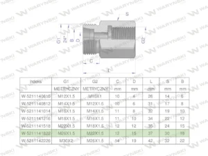 Tulejka różnicowa hydrauliczna metryczna AB M26x1.5 18L GZ x M22x1.5 GW Waryński
