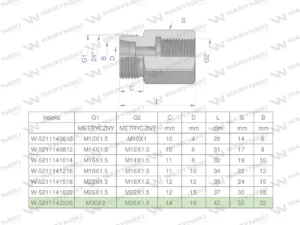 Tulejka różnicowa hydrauliczna metryczna AB 30x2 22L GZ x M26x1.5 GW Waryński