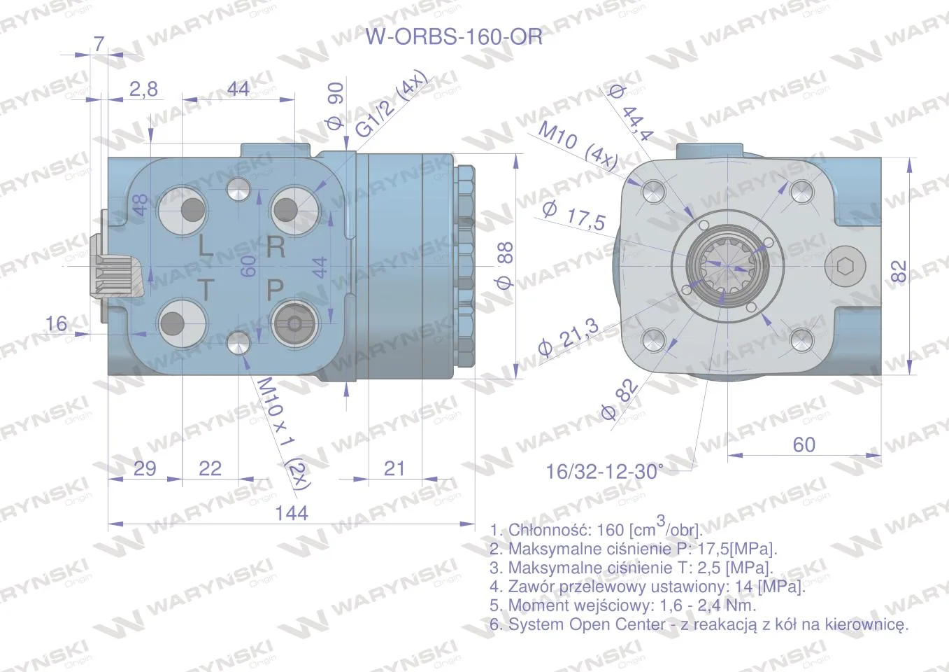 Orbitrol hydrauliczny W-ORBS-OR 160 cm3/obr z zaworami (System Open Center - z reakcją z kół na kierownicę) Waryński - obrazek 5