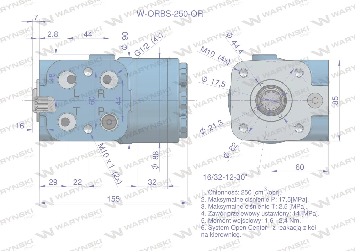 Orbitrol hydrauliczny W-ORBS-OR 250 cm3/obr z zaworami (System Open Center - z reakcją z kół na kierownicę) Waryński - obrazek 5