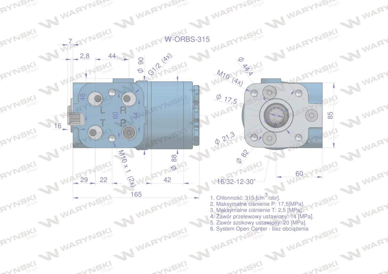 Orbitrol hydrauliczny W-ORBS 315 cm3/obr z zaworami (System Open Center - bez obciążenia) Waryński - obrazek 5