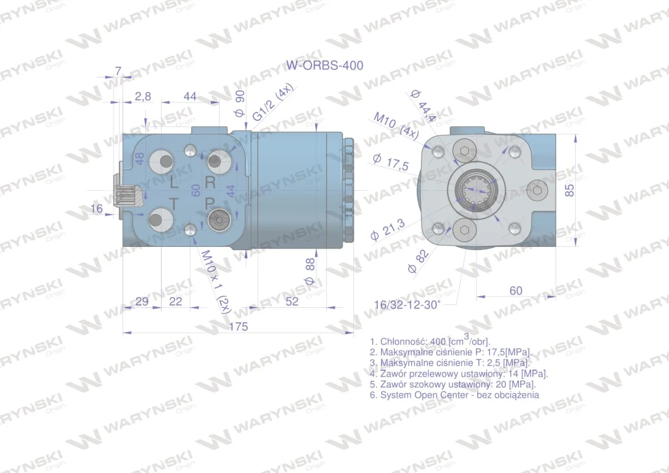 Orbitrol hydrauliczny W-ORBS 400 cm3/obr z zaworami (System Open Center - bez obciążenia) Waryński - obrazek 5