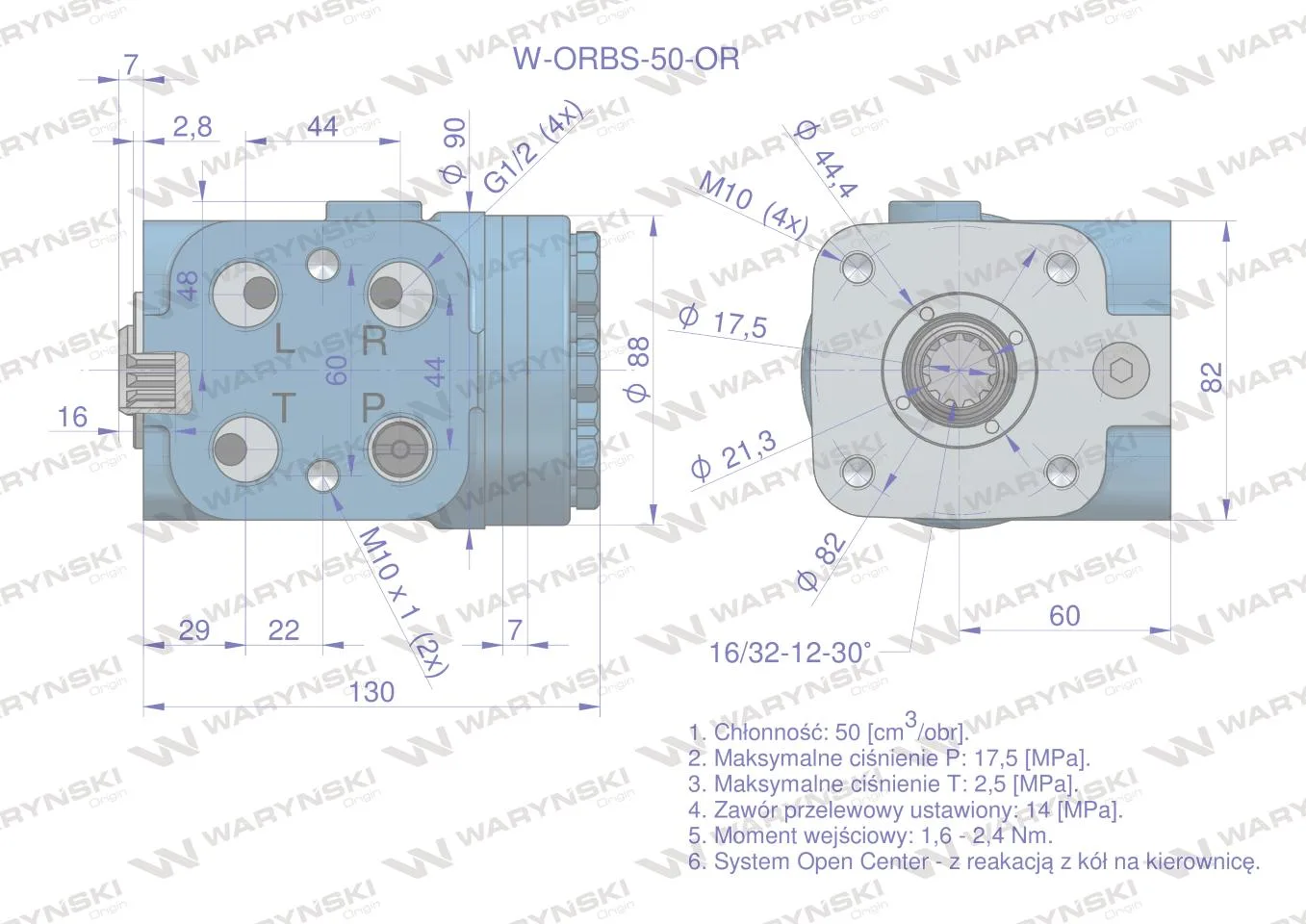 Orbitrol hydrauliczny W-ORBS-OR 50 cm3/obr z zaworami (System Open Center - z reakcją z kół na kierownicę) Waryński - obrazek 5