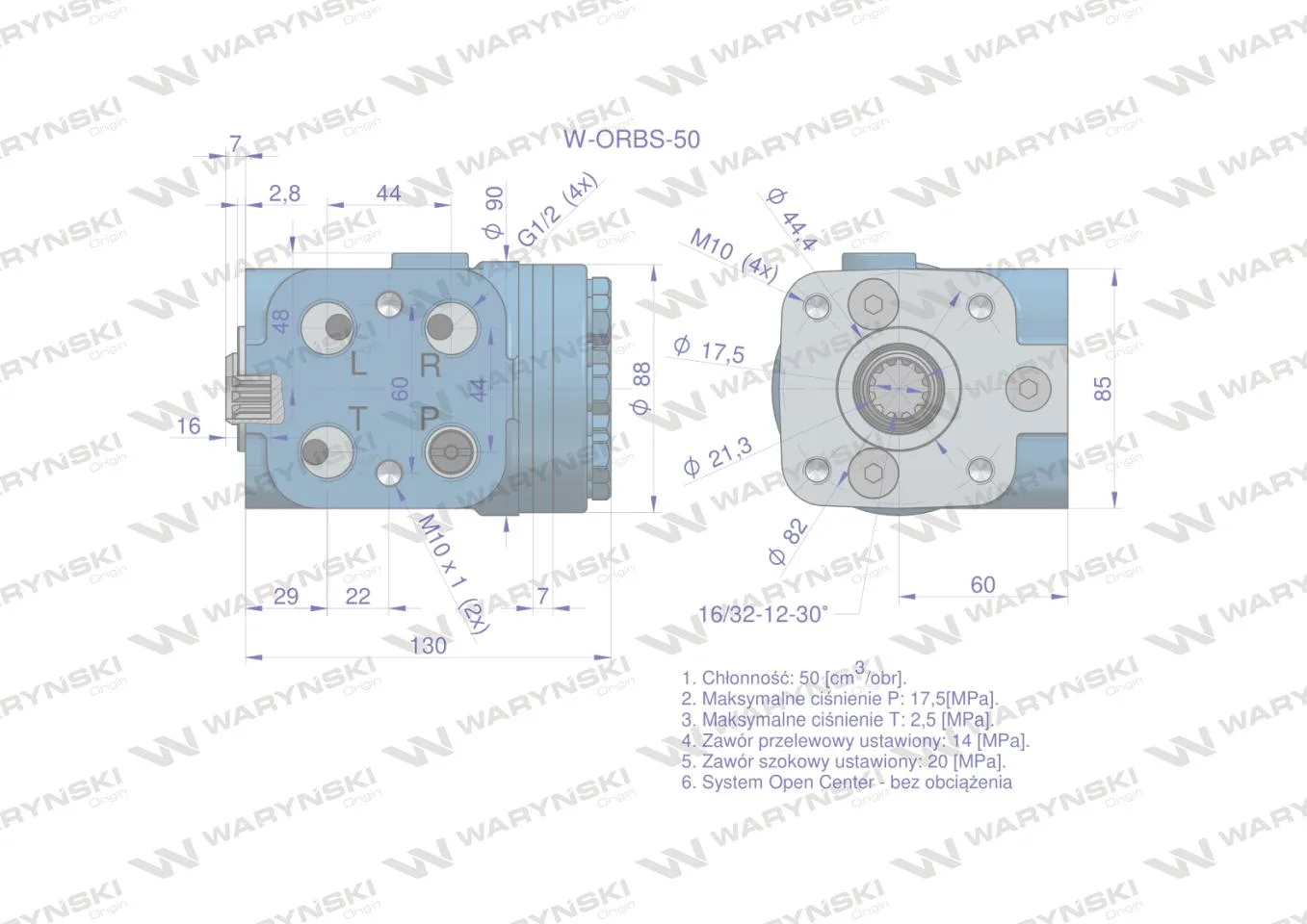 Orbitrol hydrauliczny W-ORBS 50 cm3/obr z zaworami (System Open Center - bez obciążenia) Waryński - obrazek 4