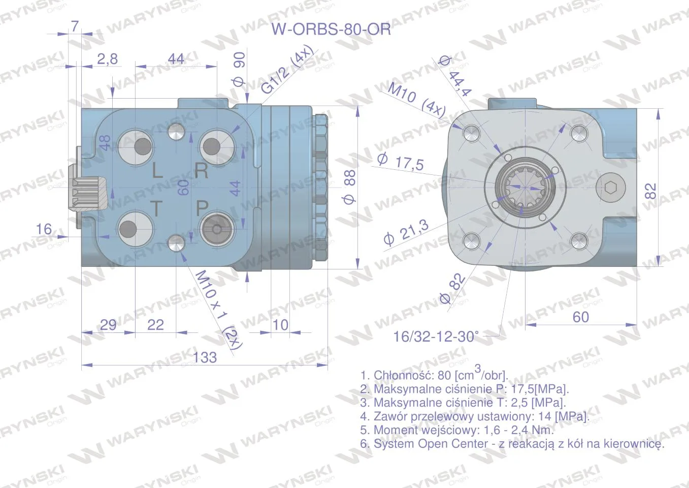 Orbitrol hydrauliczny W-ORBS-OR 80 cm3/obr z zaworami (System Open Center - z reakcją z kół na kierownicę) Waryński - obrazek 5