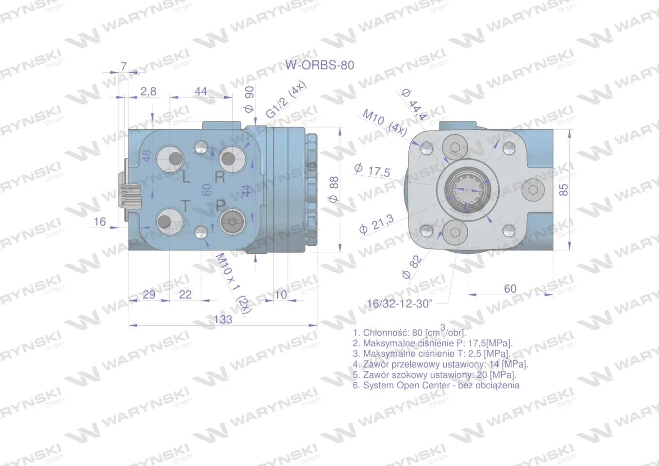 Orbitrol hydrauliczny W-ORBS 80 cm3/obr z zaworami (System Open Center - bez obciążenia) Waryński - obrazek 4