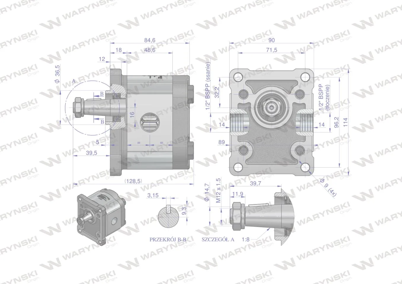 Pompa hydrauliczna zębata 4.0cm3 (grupa 2 - typ europejski) wałek 1:8 przyłącza gwintowane (obroty prawe) max.260 bar Waryński - obrazek 5